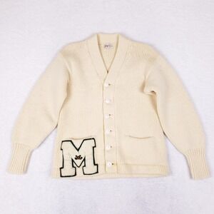Vintage Cream Men's Letterman Cardigan Sweater - M Patch
